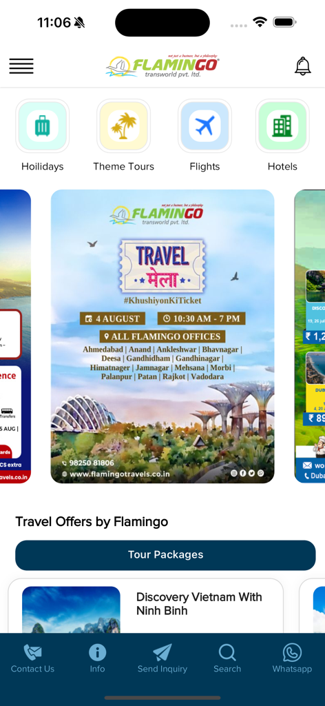 Flamingo Travels - Home screen of the Flamingo Travels app featuring holiday packages and theme tours.