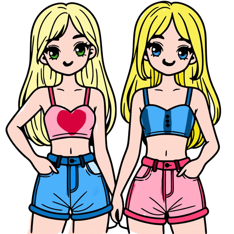 two sisters with crop tops and jean shorts and straight hair