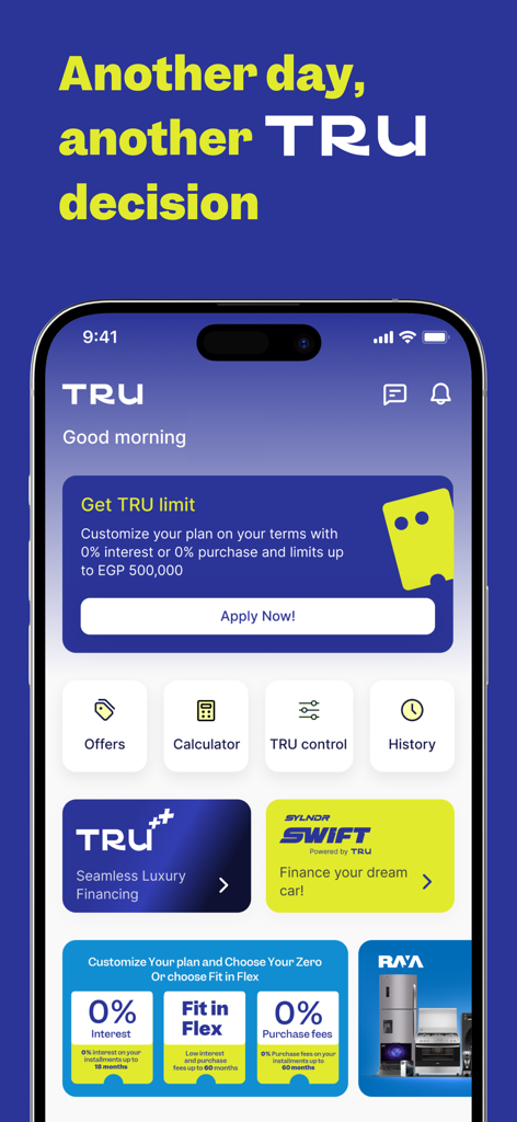Painel do aplicativo financeiro TRU mostrando opções de pagamento com juros zero e limites de crédito