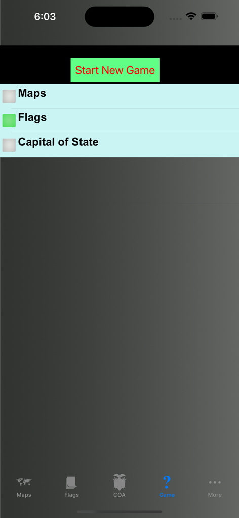 Country Flags, Maps, Capitals - Main menu of the geography trivia game showing options to start a new quiz for maps flags and capital cities