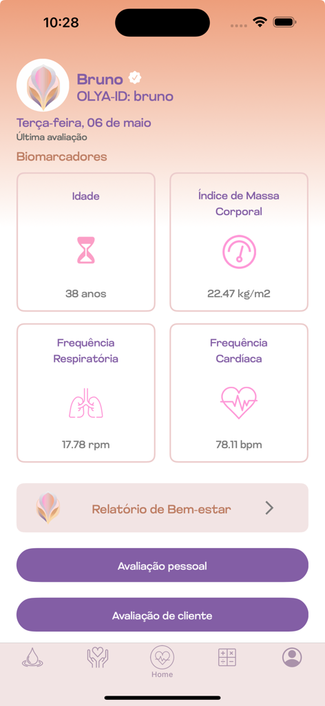 OLYA App - OLYA health app dashboard showing heart rate, BMI, and respiratory rate biomarkers