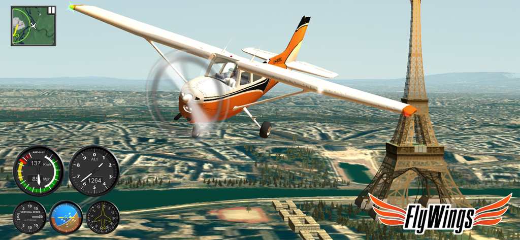 Flight Simulator FlyWings 2015 - Un avión Cessna 172 volando cerca de la Torre Eiffel en París con instrumentos de vuelo y medidores de cabina visibles