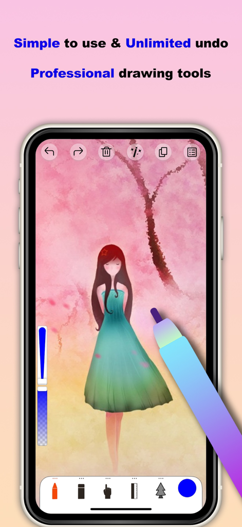 A smartphone showing the Sketch Tree Pro app with a digital watercolor illustration and drawing tools