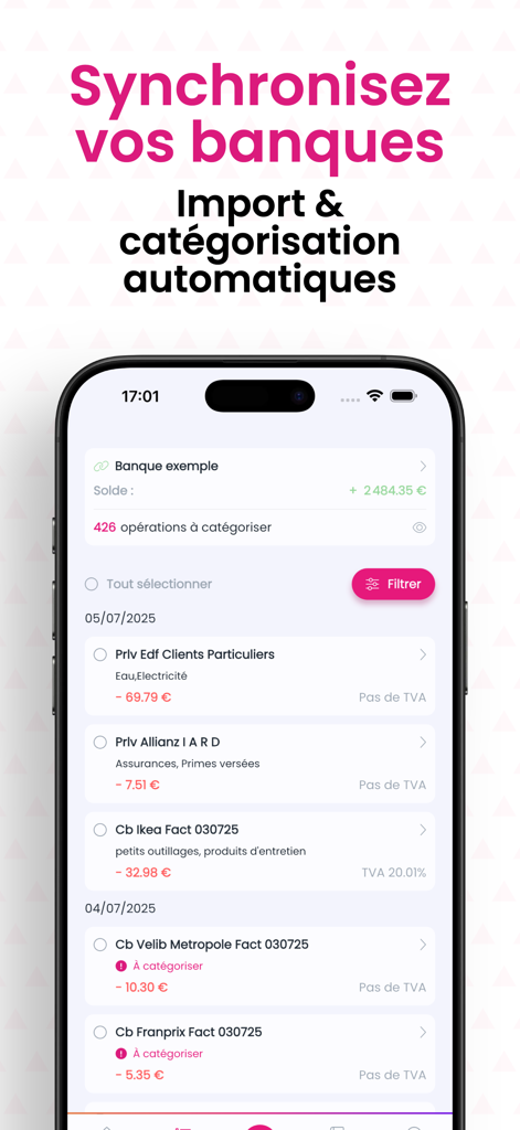 Écran d'application mobile montrant la synchronisation du compte bancaire et la catégorisation automatique des transactions