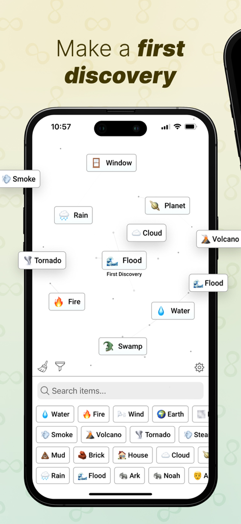 Infinite Craft by Neal - Infinite Craft 앱 인터페이스로 요소 조합과 flood 아이템에 대한 첫 발견 배지를 보여줍니다.