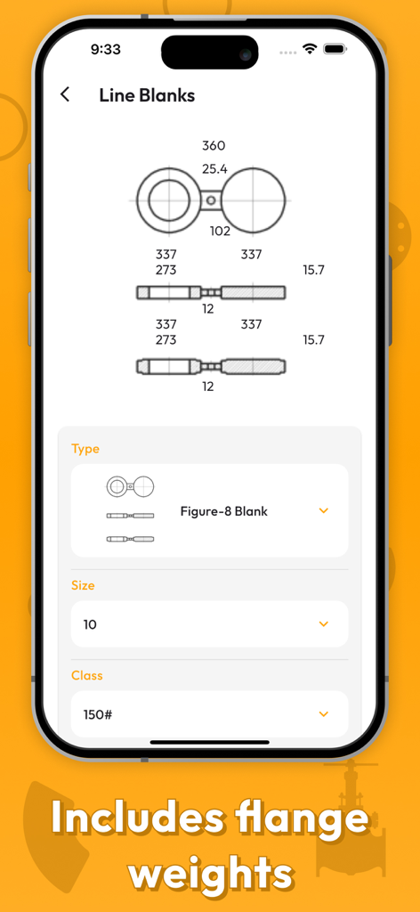 Pipe Data - Dimensões e especificações técnicas para um tampão de linha Figura 8 no aplicativo Pipe Data