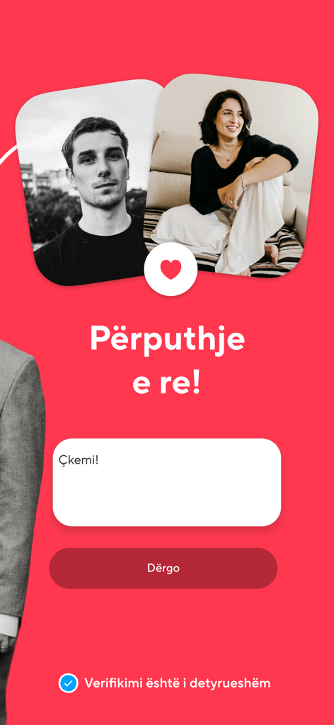 dua.com - Albanian Dating app - Interfaz de la aplicación dua.com mostrando una notificación de nueva coincidencia entre dos usuarios con un botón de envío de mensajes