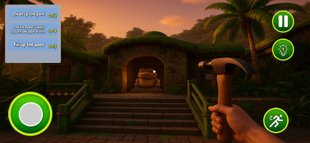 Awesome Water Fun Park Sim 3D - Vista en primera persona de una tarea de mantenimiento en un área temática de selva del simulador de parque acuático que muestra un martillo y una lista de objetivos.