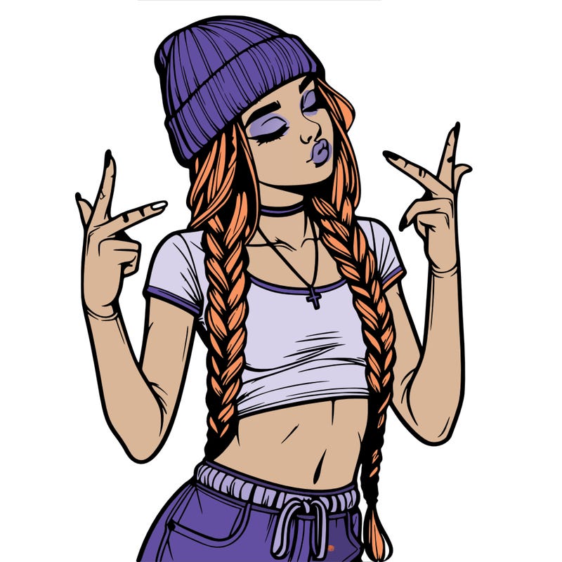 realistic teenage girl with braids and a beanie and crop top doing 🫶🏼