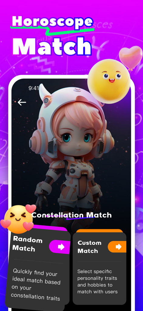 Studa：Adult Friends，Video Call - Mobile interface of the Studa app showing options for random and custom matching based on horoscope and constellation traits.