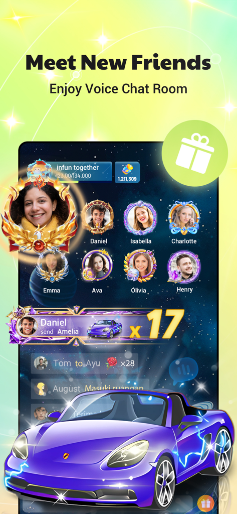 infun: Group Voice Chat Rooms - infunアプリのグループボイスチャットルーム。ユーザーアバターと高級車のアニメーションギフトが表示されています。