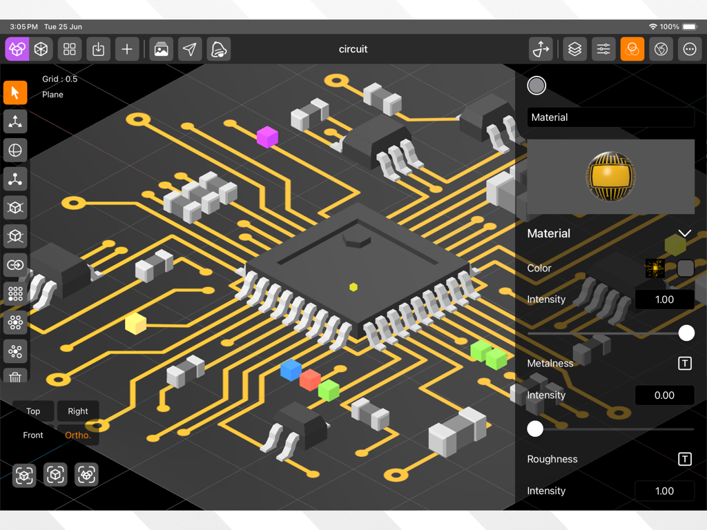 Interfaccia di modellazione 3D DGArt che mostra un progetto di circuito stampato e l'editor dei materiali