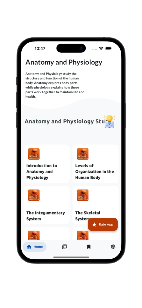 Learn Anatomy and Physiology - 解剖学と生理学を学ぶアプリのホーム画面。人体システムの学習カテゴリを表示。