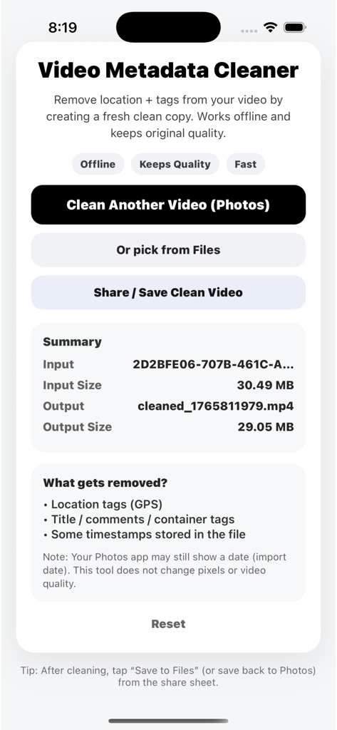 User interface of Video Metadata Cleaner showing the summary of a processed video and options to remove GPS and camera tags.