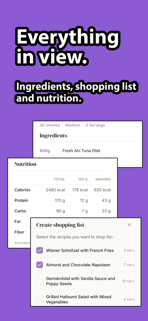 Anna's Kitchen: Snap & Cook - Annas Kitchen app screen showing recipe ingredients nutrition info and shopping list selection