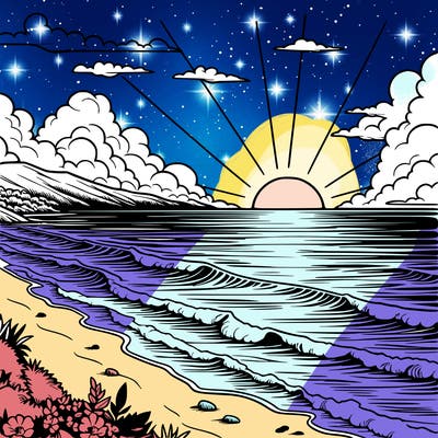 a realistic sunset view with the ocean