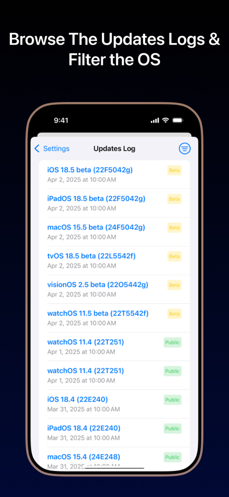 Eine Liste von Apple Beta- und öffentlichen Software-Updates in der iBeta-App