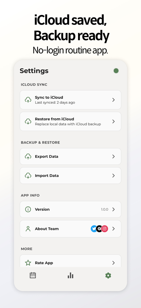 cancan: make your everyday - Settings screen of the cancan habit tracker app featuring iCloud sync and data backup options.