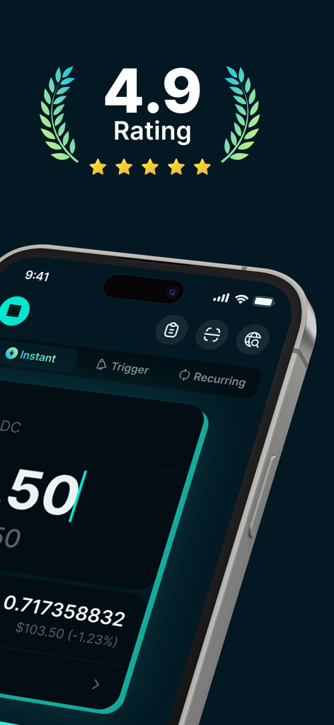 Jupiter Mobile Solana Wallet app interface showing a 4.9 star rating and trading dashboard