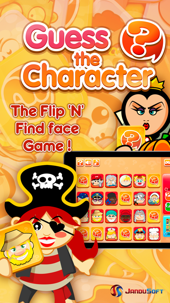 Tela principal do jogo de tabuleiro móvel Adivinhe o Personagem com avatares de desenhos animados coloridos e uma grade de eliminação de rostos em um tablet