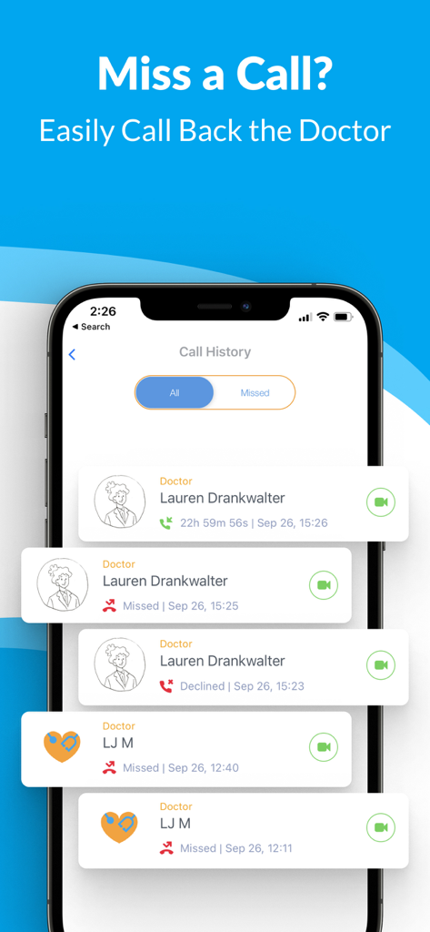 WeHealth Telehealth - WeHealth Telehealth App Anrufliste zeigt verpasste Anrufe von Ärzten.