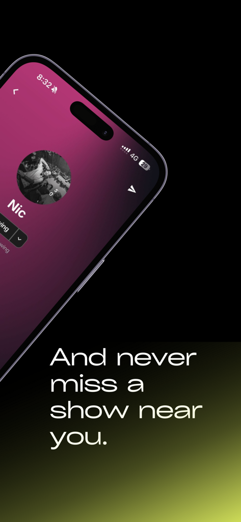 Tick'it - Explore Music Events - A smartphone showing the Tick'it app artist profile page with the text And never miss a show near you