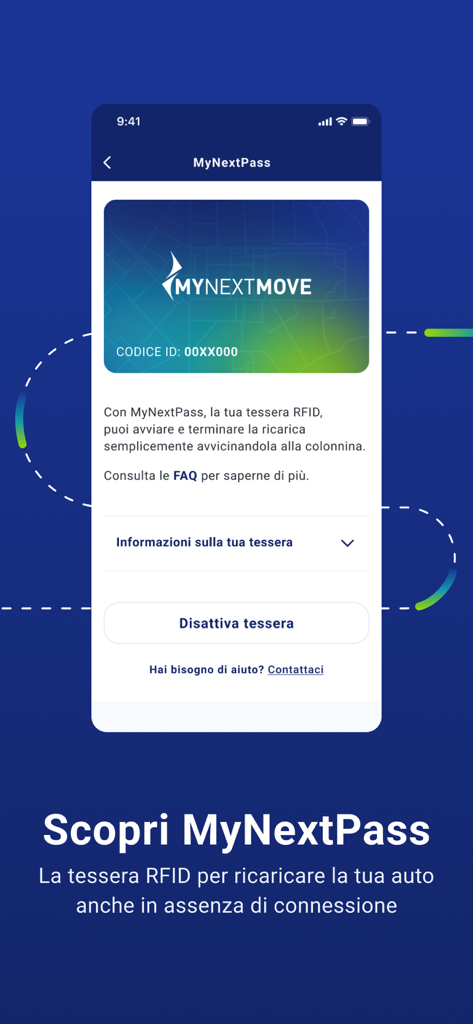 MyNextMove – ricarica auto - Tessera RFID MyNextPass digitale per la ricarica offline di veicoli elettrici nell'interfaccia dell'app MyNextMove
