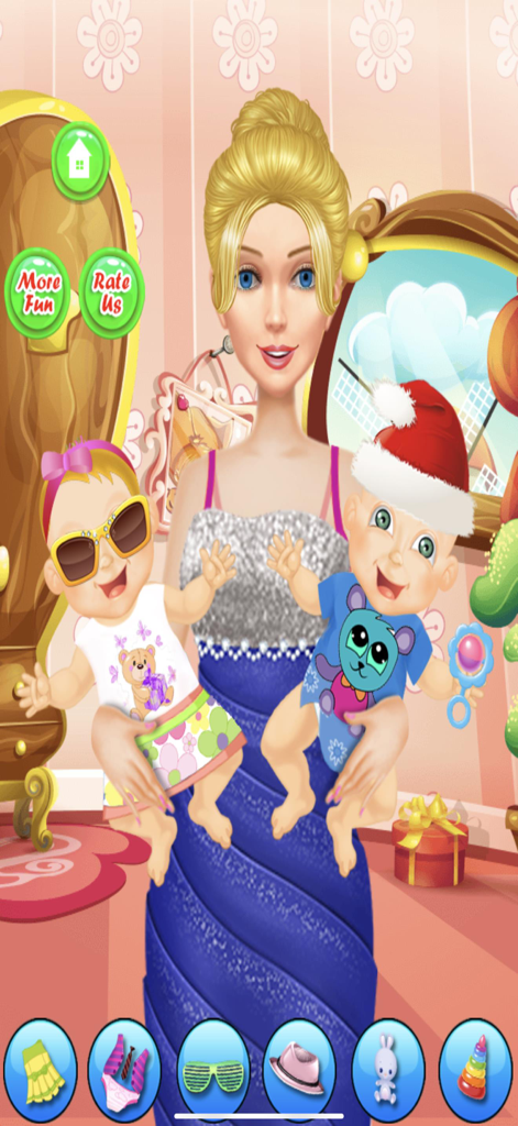 Newborn Twin Baby Mommy Doctor - Blonde mommy character holding two dressed-up twin babies with various clothing and accessory game icons at the bottom.