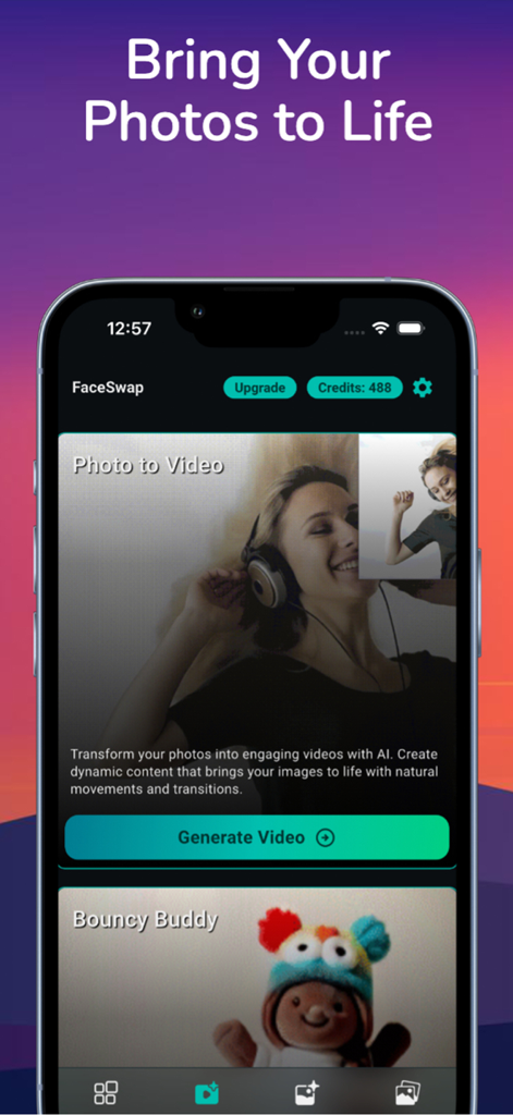 AI Face Swap Video Photo Maker - Interface of the AI Face Swap app showing the photo to video conversion tool