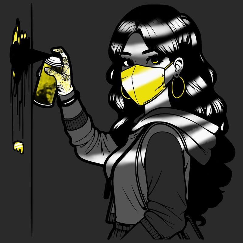 realistic girl with mask spray painting a wall