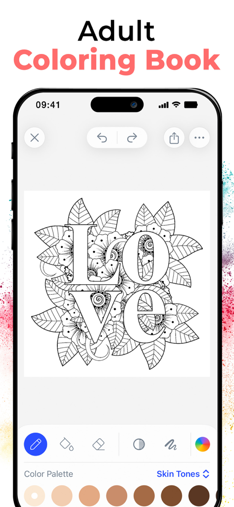 A smartphone screen displaying a floral LOVE coloring page within the Bloom app interface