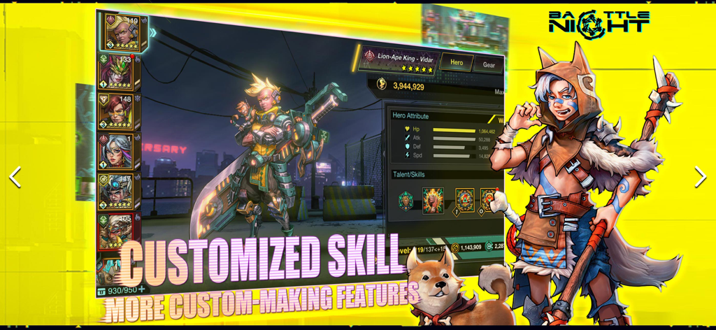 Battle Night - Battle Night Heldenoberfläche mit angepassten Skill-Optionen und Charakterstatistiken in einer Cyberpunk-Umgebung