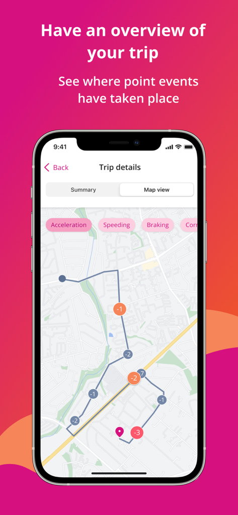 Vitality Drive International - Trip details screen in the Vitality Drive app showing a map with a driving route and markers for specific driving events