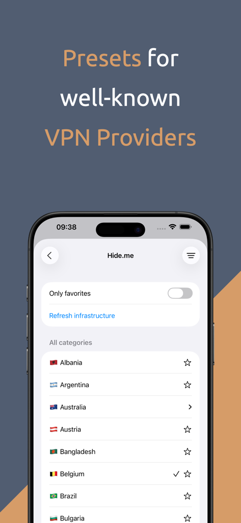 Passepartout, VPN Client - Passepartout VPN app interface displaying a list of server locations for a preset provider