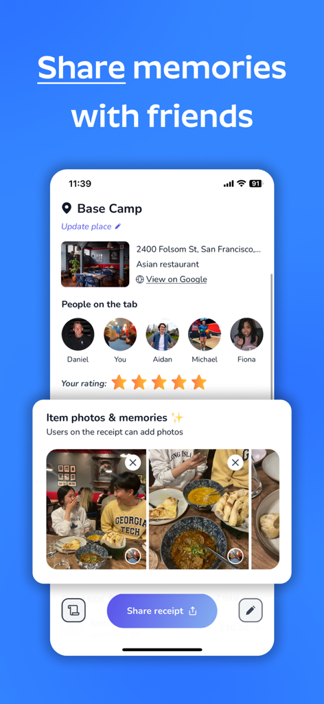 SplitIt: Group Bill Splitter - SplitIt app interface showing restaurant details group photos and dining memories shared with friends