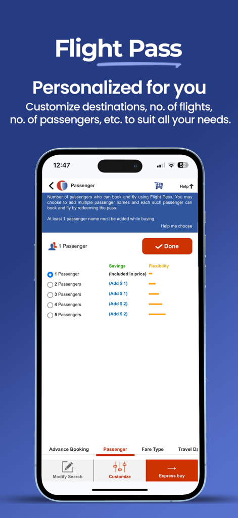 Interfaccia dell'app Optiontown per personalizzare il numero di passeggeri del Flight Pass e i risparmi