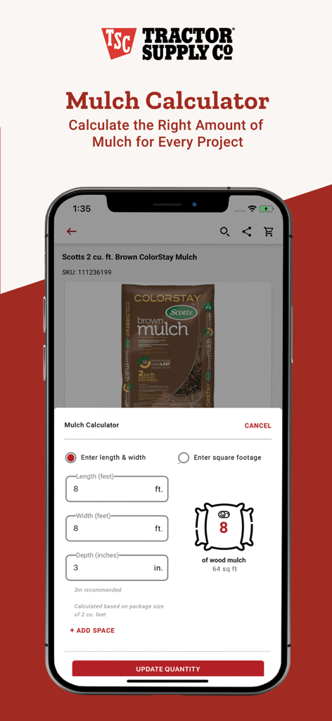 A mobile interface for the Tractor Supply app showing a mulch calculator tool to determine the number of bags needed for landscaping projects based on area dimensions.