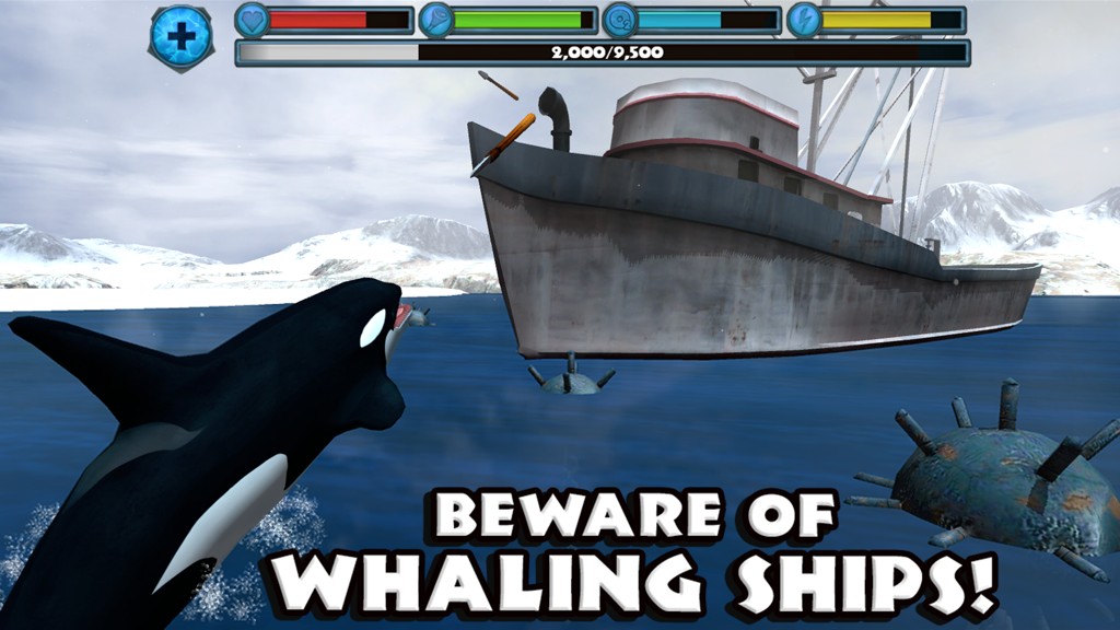 Orca Simulator - An orca swimming towards a whaling ship in Orca Simulator