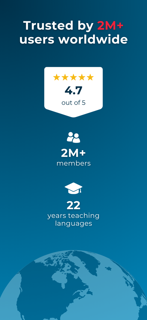 Rocket Languages - Rocket Languages app social proof displaying a 4.7 star rating and over 2 million members