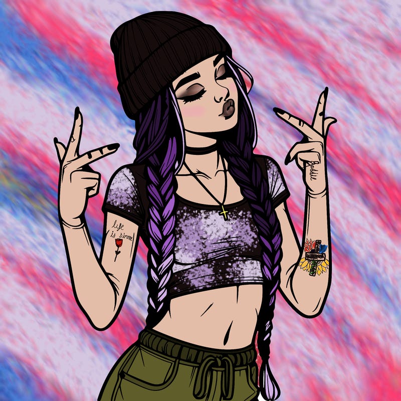 realistic teenage girl with braids and a beanie and crop top doing 🫶🏼