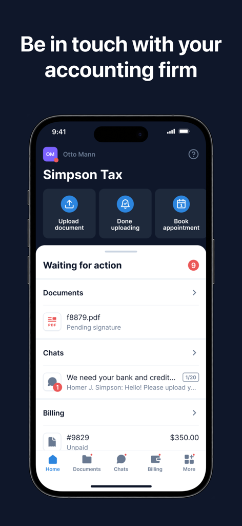 Écran d'accueil de l'application mobile Portail Client TaxDome montrant la gestion des documents, les discussions et le statut de facturation