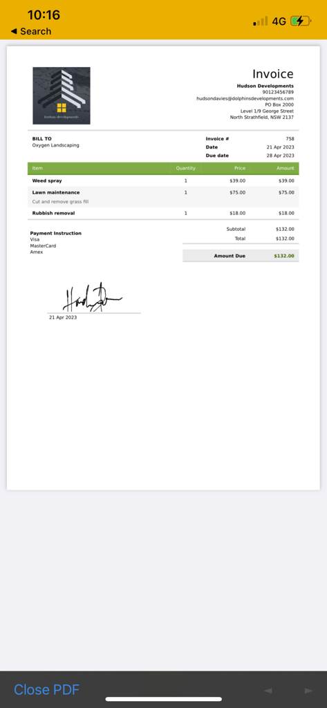 Invoice Bee Estimate Maker 2Go - A sample digital invoice with service items and a signature created using the Invoice Bee mobile app