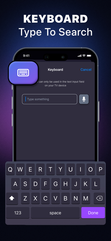 Pantalla de iPhone que muestra una interfaz de teclado para buscar contenido en un Smart TV usando la aplicación de control remoto universal.