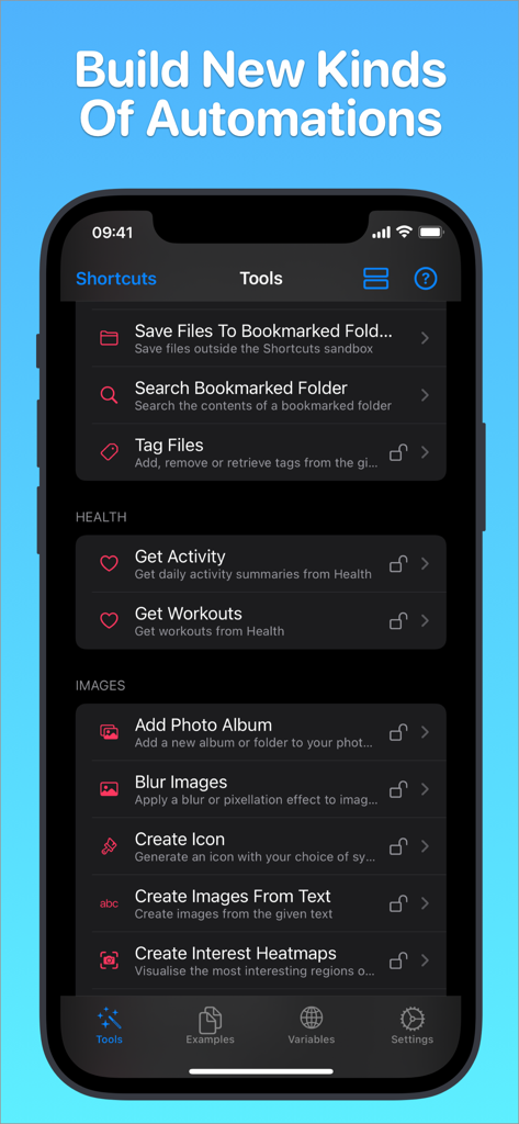 Toolbox Pro for Shortcuts - Toolbox Pro 앱 인터페이스로 Health 및 Image 도구를 포함한 iOS Shortcuts용 사용자 지정 자동화 액션을 보여줍니다.