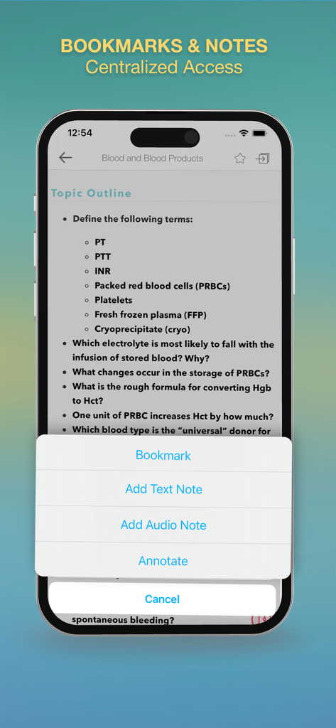 Surgical Recall - スマートフォンの画面上の医療研究トピックアウトライン上にブックマークとノートメニューを表示するSurgical Recallアプリインターフェース