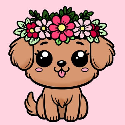 cute cartoon dog with flower crown