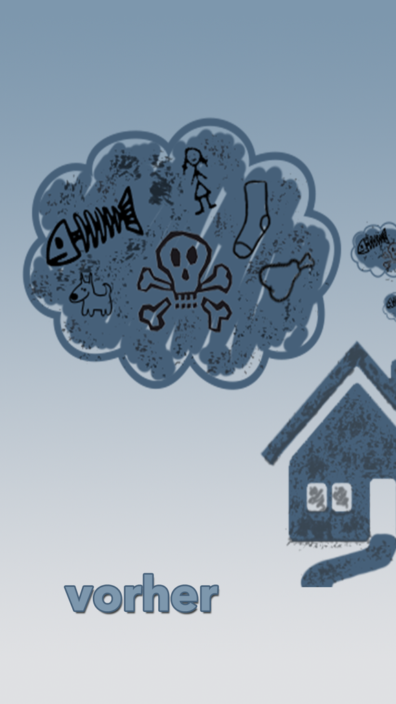 Putzalarm! Haus- & Putzplan - An illustration of a house with a thought bubble full of clutter and symbols of mess with the text vorher