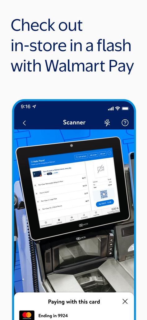 A smartphone using Walmart Pay to scan a QR code at an in store self checkout kiosk for business purchases
