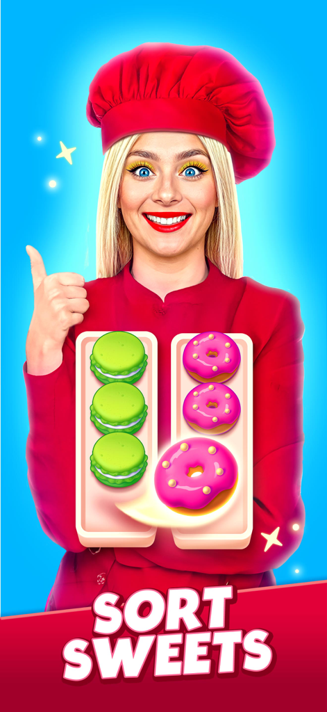 A smiling chef giving a thumbs up next to trays of green macarons and pink donuts in the Multi DO Sort puzzle game