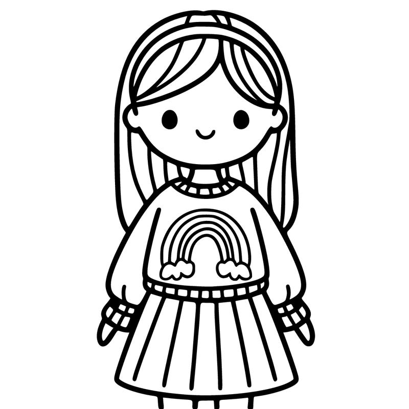 girl with a sweater on with a rainbow on it, she is wearing a skirt, she has waist length hair, with a plain headband